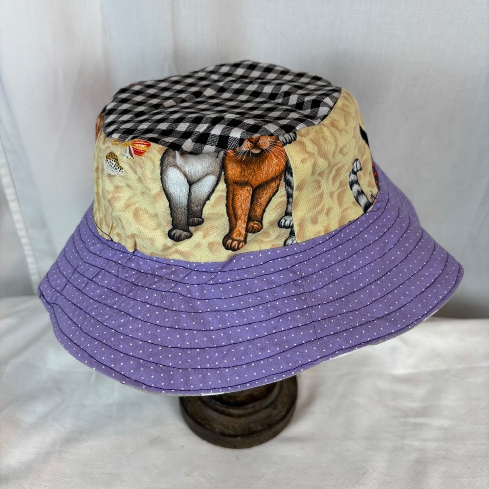 Handmade Reversible Bucket Hat Cat Print Chevron Paw Prints Sun Hat NEW 22" - Picture 4 of 6